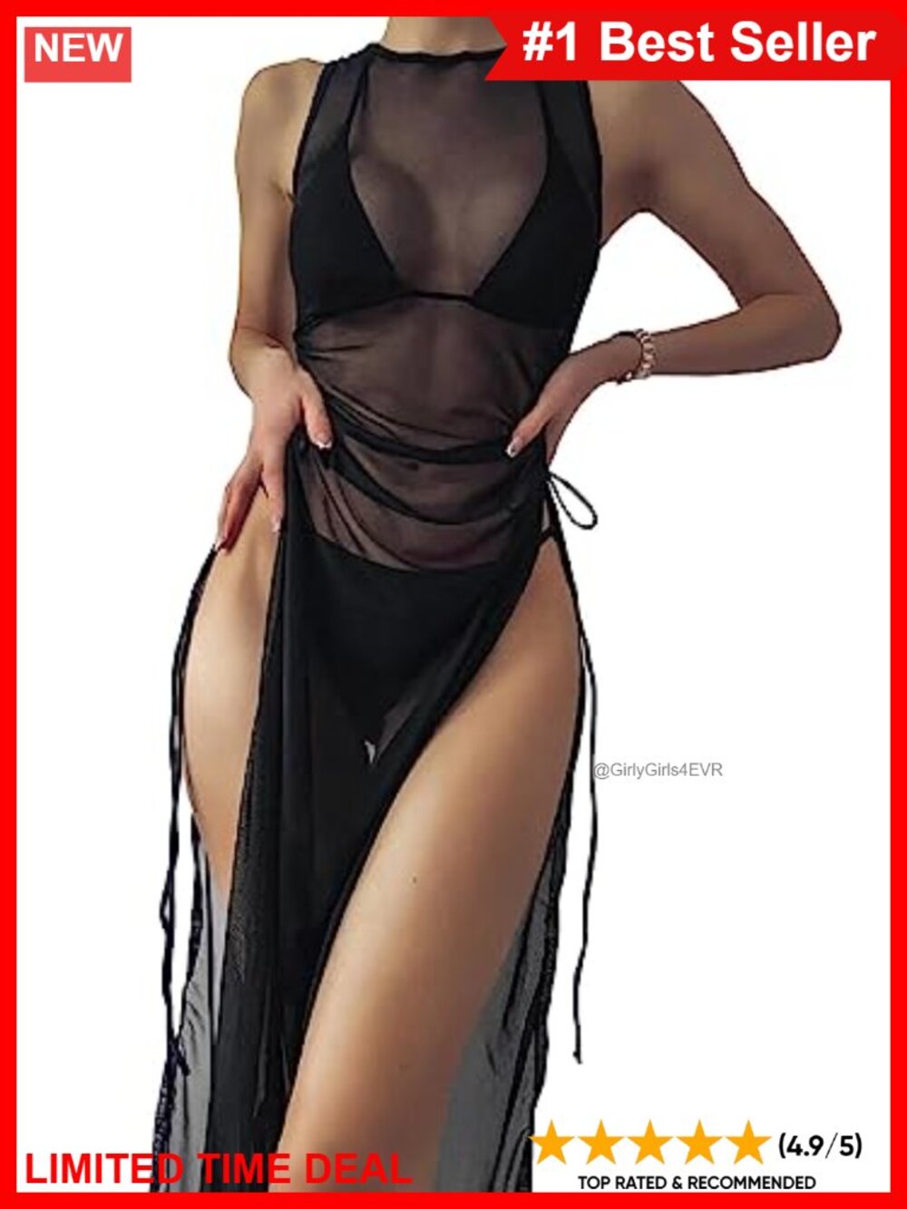 Sheer Mesh Maxi Swim Cover-Up Dress Sleeveless Drawstring Beach